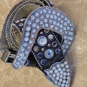 Rhinestone Trim Faux Leather Belt, S